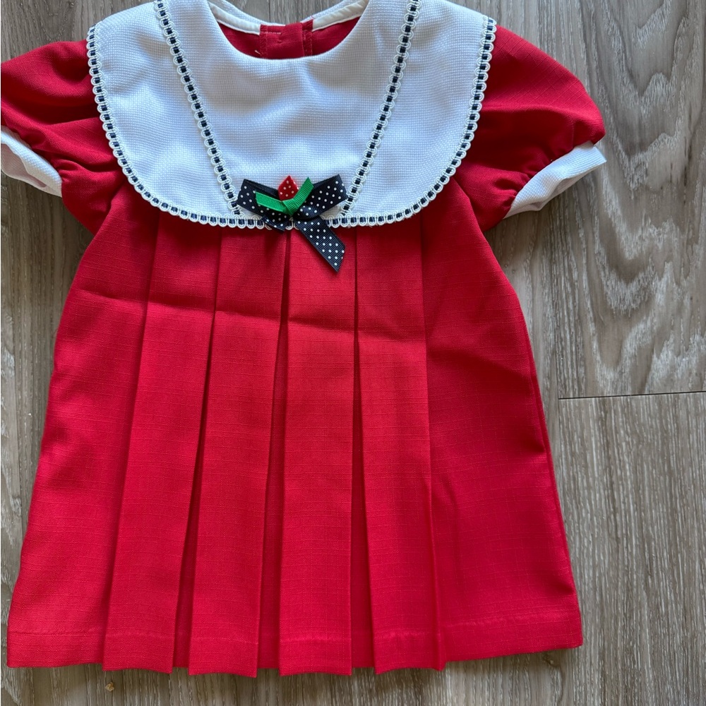 vintage girls piccolo pleated red bibbed dress with floral accent size 24 Months